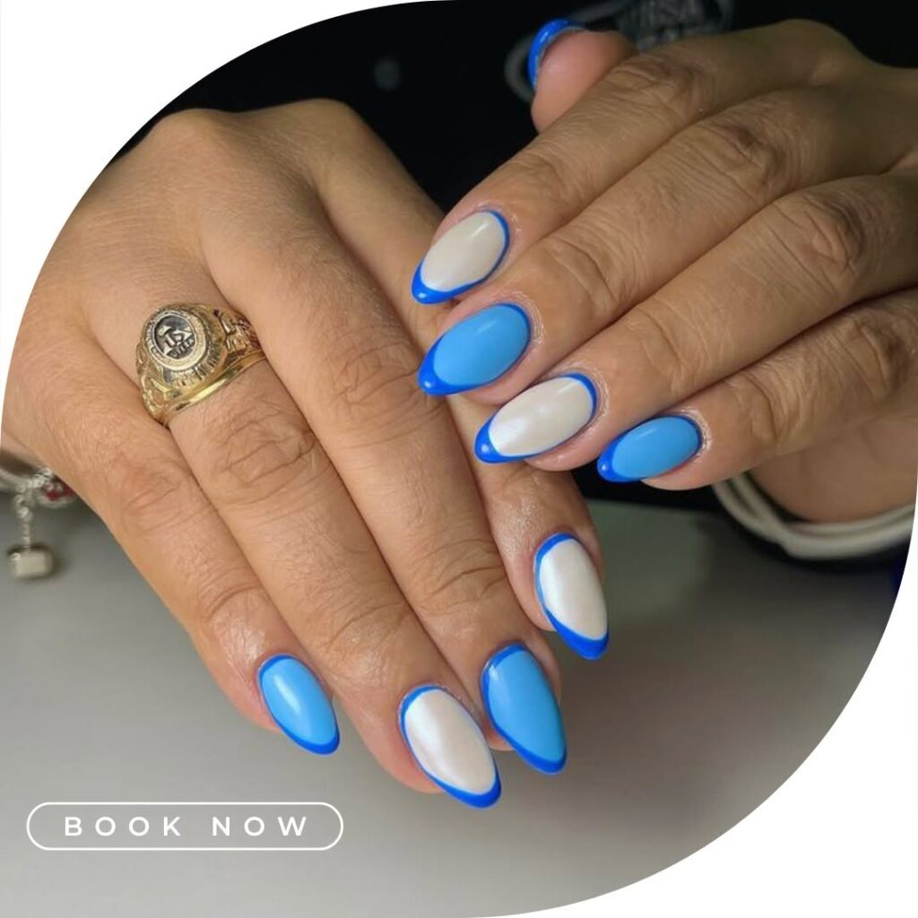 Blue French tip nail design shared by MV Nails Mount Vernon