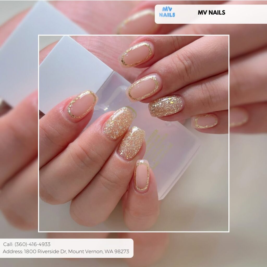 Neutral pink and gold glitter manicure shared by MV Nails Mount Vernon